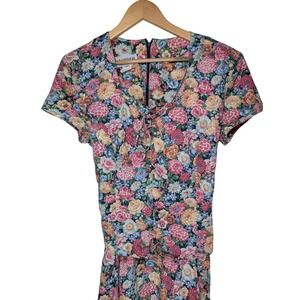 RJ STEVENS Vintage 90s Floral Cotton Lace Up Midi Dress Size 16 Multi Color
